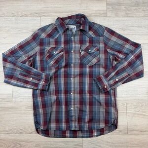 Levi's Men's Western Pearl Snap Button Down Shirt Burgundy and Blue Plaid Size M